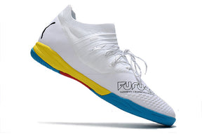 Chuteira Puma Future Z 1.3 Pro Cage - Branco/Azul/Amarelo