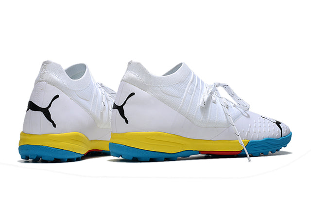 Chuteira Puma Future Z 1.4 Pro Cage Society - Branco/Amarelo/Azul
