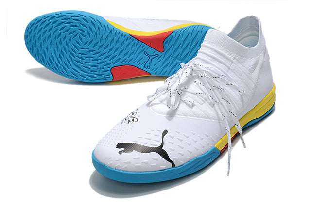 Chuteira Puma Future Z 1.3 Pro Cage - Branco/Azul/Amarelo