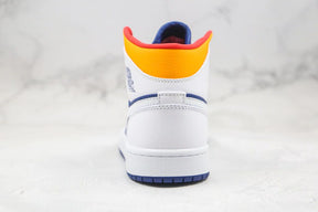 Tênis Nike Air Jordan 1 Mid White Laser Orange Deep Royal Blue